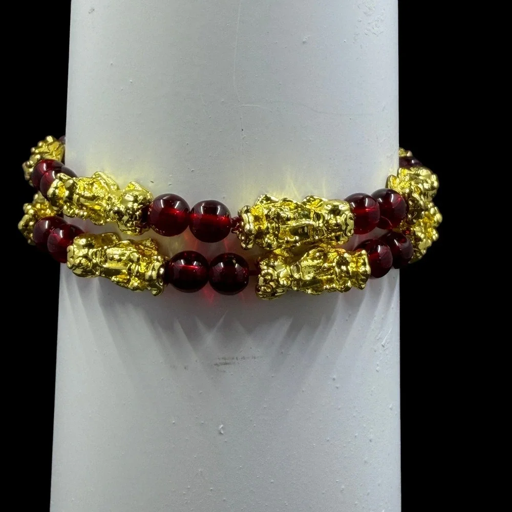 Gold Pixiu Bracelet Red Bead‎ Feng Shui Wealth Prosperity Lucky Stretch